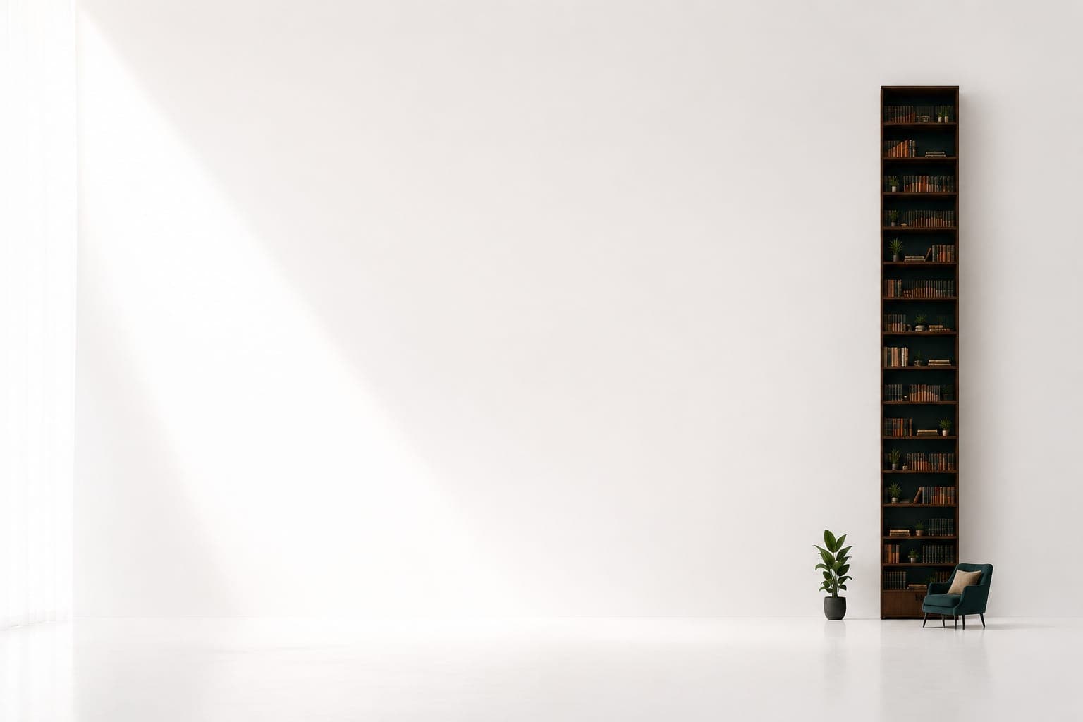 A minimal, sunlit room with a single chair and bookshelf